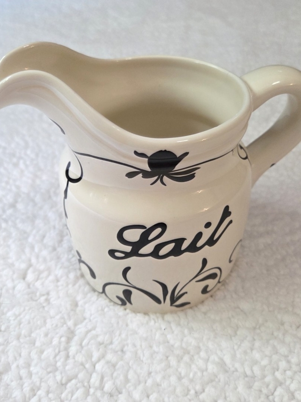 Vintage Ceramic Pitcher Lait Creamer Hand Painted Black Cream Portugal
